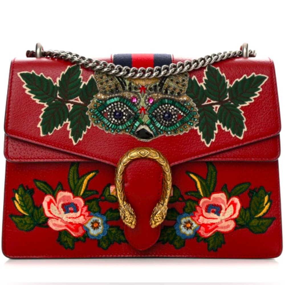 Calfskin Web Raccoon Gucci
Embroidered Large Dionysus
Shoulder Bag Red